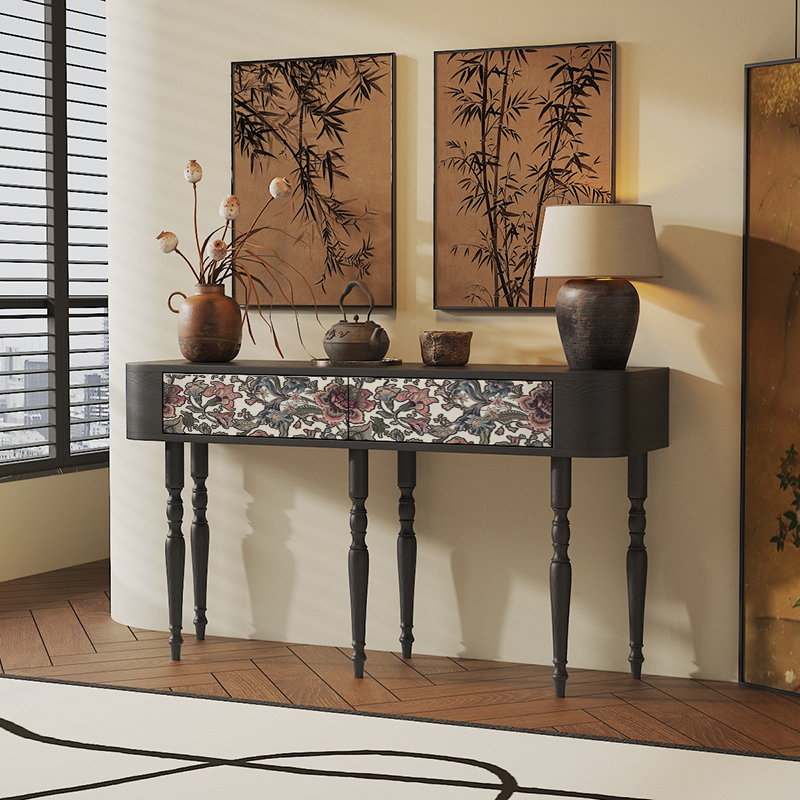 优选法式复古玄关桌进门口客厅靠墙实木案台入户玄关柜花卉彩绘置