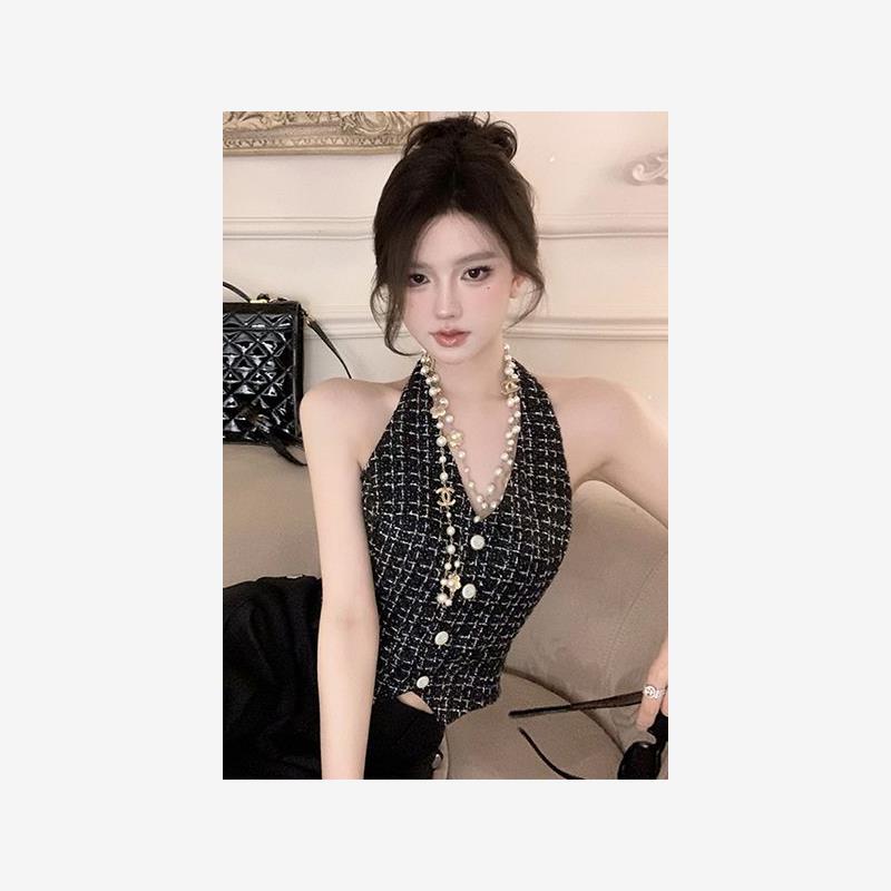 高级感百搭小香风挂脖v领马甲小背心女夏季外穿短款气质吊带上衣