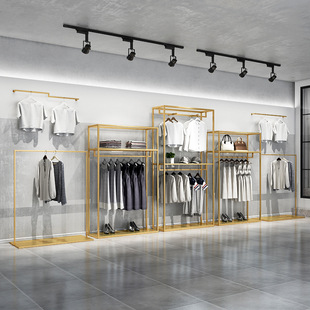 店货架铁艺陈列架衣架落地式 服装 店展示架双层挂衣架男女金色服装