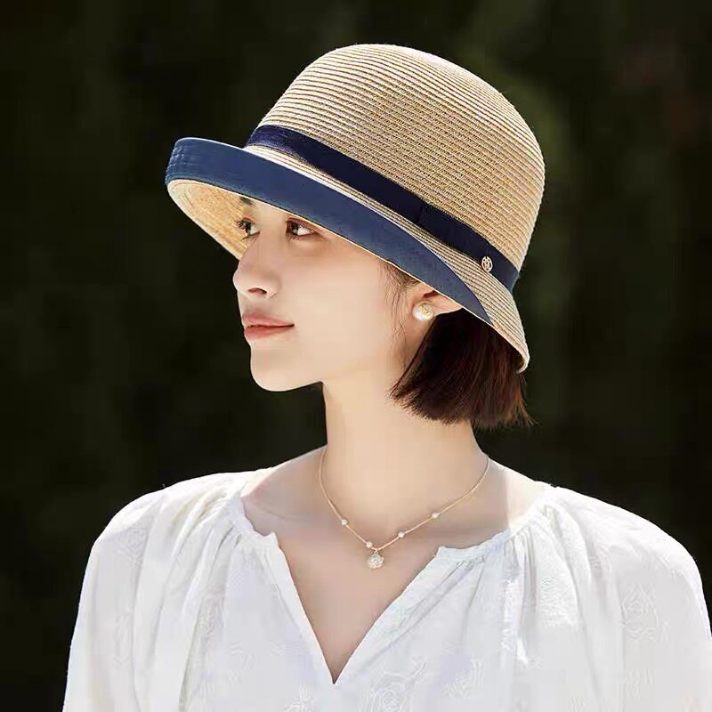 日式草帽女夏天遮阳凉帽卷檐赫本风百搭盆帽细草编织渔夫帽女士