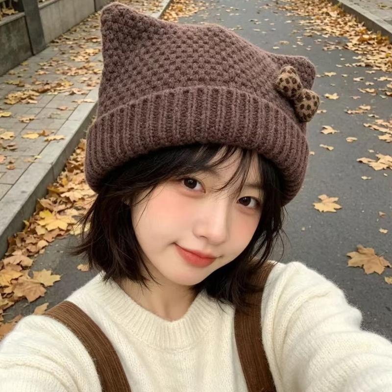 秋冬豹纹蝴蝶结冷帽女韩系华夫格翻边毛线帽复古甜美保暖针织帽