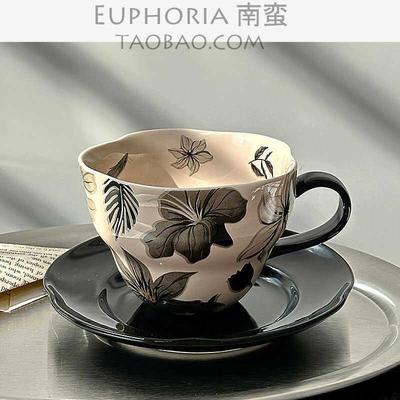 EUPHORIA中古风花瓣水墨月咖啡杯碟下午茶水杯覆古拿铁杯小众礼物
