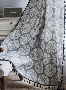 窗帘成品欧花灰色印n花黑色流苏日式小窗厨房帘棉麻半遮光飘窗