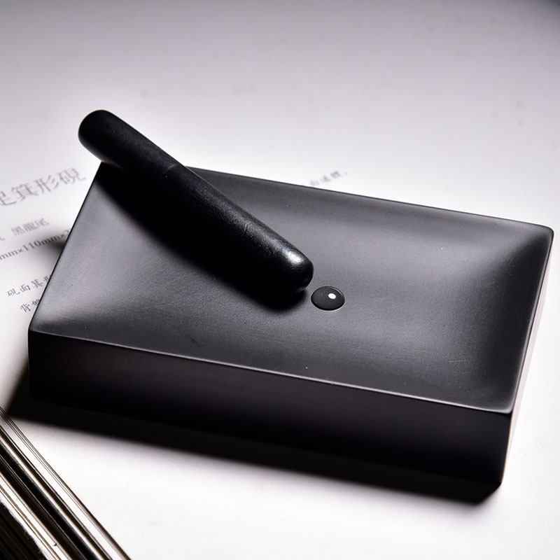 国家非遗长方素砚墨海天然老坑y金星原石歙砚圆形黑龙尾无边端砚