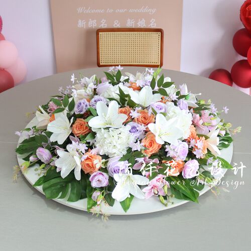 酒店圆桌中间摆花仿真花装饰花假花绢花饭店O餐桌转盘桌面摆设花