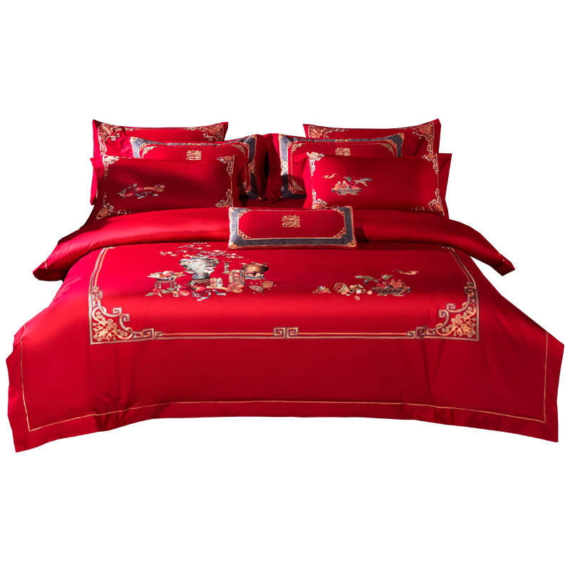 婚庆四件套大红色新婚六十件套婚礼刺H绣喜被全套装结婚床上用品