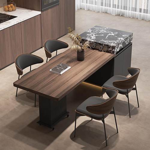 岛台餐桌一体可伸缩宝格丽黑胡桃木纹岩板中古风家用大户型餐桌椅