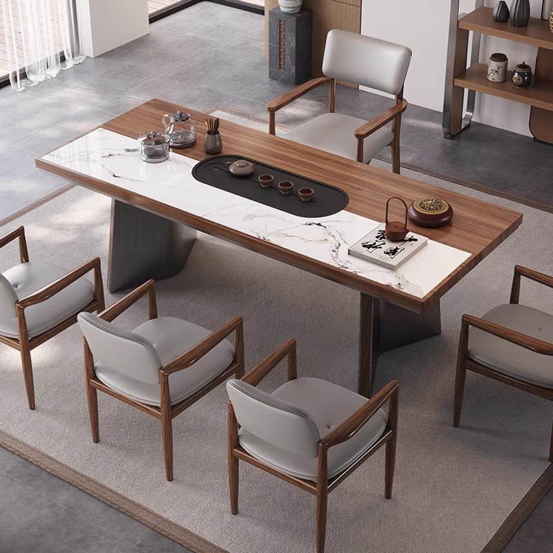 意式极简办公室泡茶桌组合岩板实木双拼茶桌现代高端别墅大板茶台