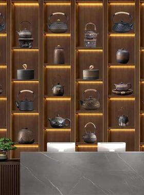 新中式茶室茶道博古架样板间复古艺术品高端装饰摆件铁茶壶茶叶罐