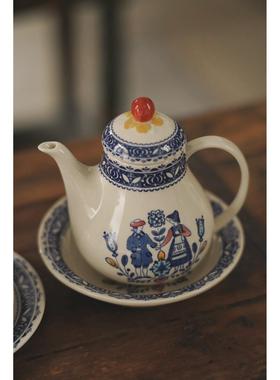 清现货Johnson Brothers英国中古釉下彩心花跳舞男孩女孩陶瓷水壶