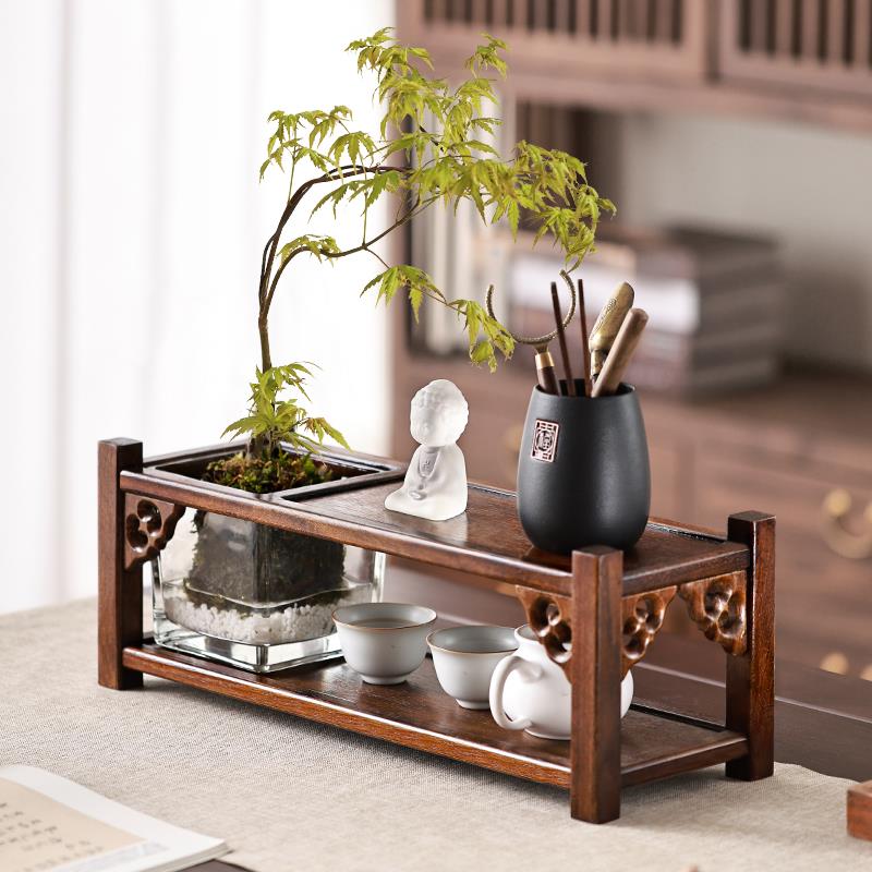 异丽新中式实木桌面水景花架博古架茶具收纳茶室装饰茶桌置物架