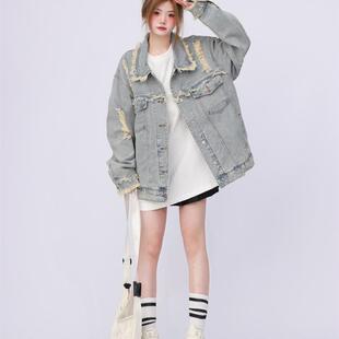 2025年新款美式高街oversize工装水洗做旧破洞牛仔外套女春秋夹克