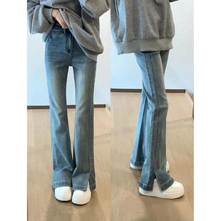 春季 子弹力喇叭裤 开叉高腰微喇牛仔裤 胖mm显瘦裤 女大码 2025年新款