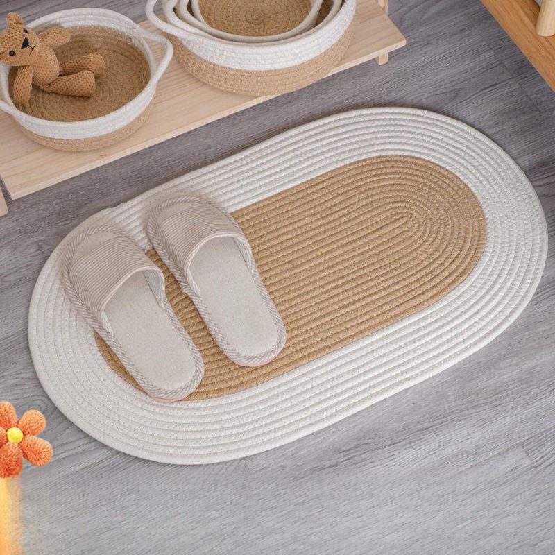 日式玄关椭圆地毯棉线手工编织地垫简约卧室浴室门前吸水防滑地垫