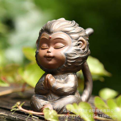紫砂窑变可爱大圣茶宠摆件生肖猴子创意茶道茶盘茶艺茶玩装饰品