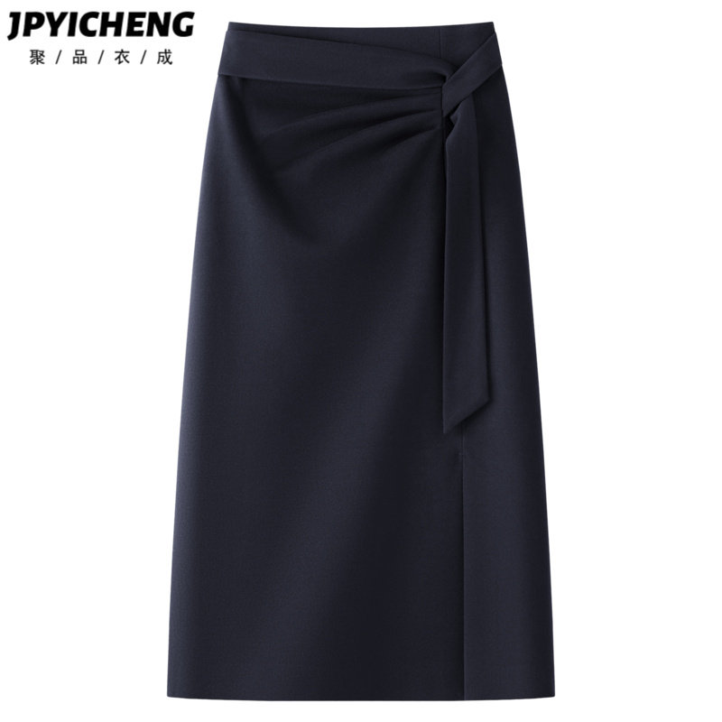 藏青色西装毛呢半身裙女2025新款冬季高腰显瘦垂感百搭开叉直筒裙