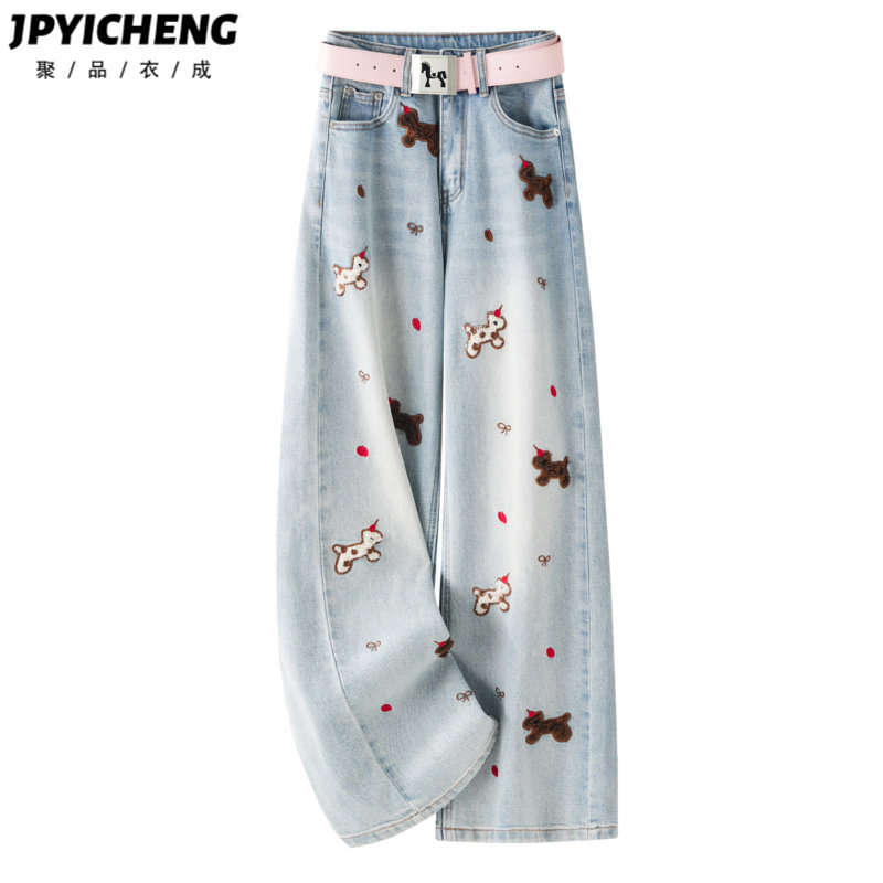 浅色刺绣牛仔裤女2026新款春季爆款高腰窄版直筒裤九分宽松阔腿裤