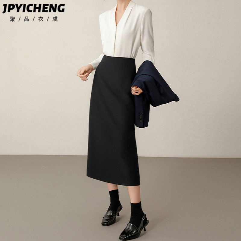 黑色气质西装包臀半身裙女2025冬季新款高腰显瘦中长款开叉直筒裙