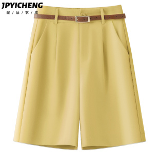 黄色西装短裤女2025新款春季显瘦高腰休闲直筒阔腿裤垂感五分西裤