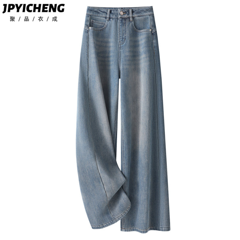 怀旧复古宽松阔腿牛仔裤女2026新款冬季加绒小个子九分高腰直筒裤