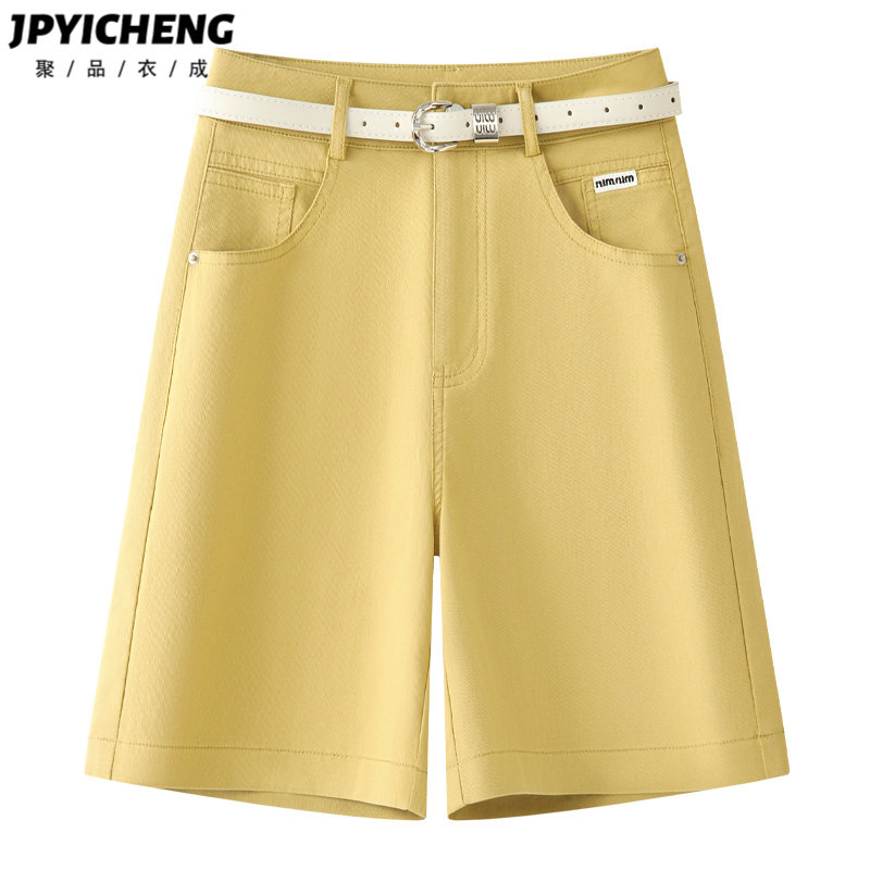 淡黄色a字牛仔短裤女2025新款冬季爆款高腰显瘦五分直筒阔腿裤子