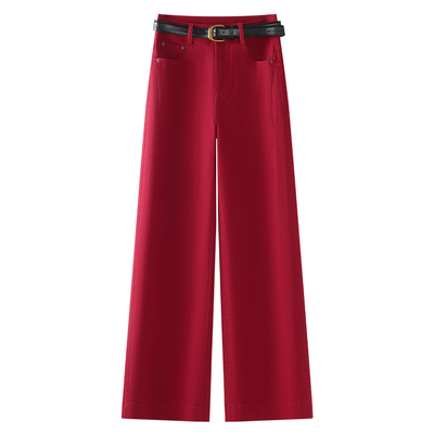 红色休闲阔腿裤女2025新款秋季高腰显瘦宽松垂感百搭直筒拖地裤子