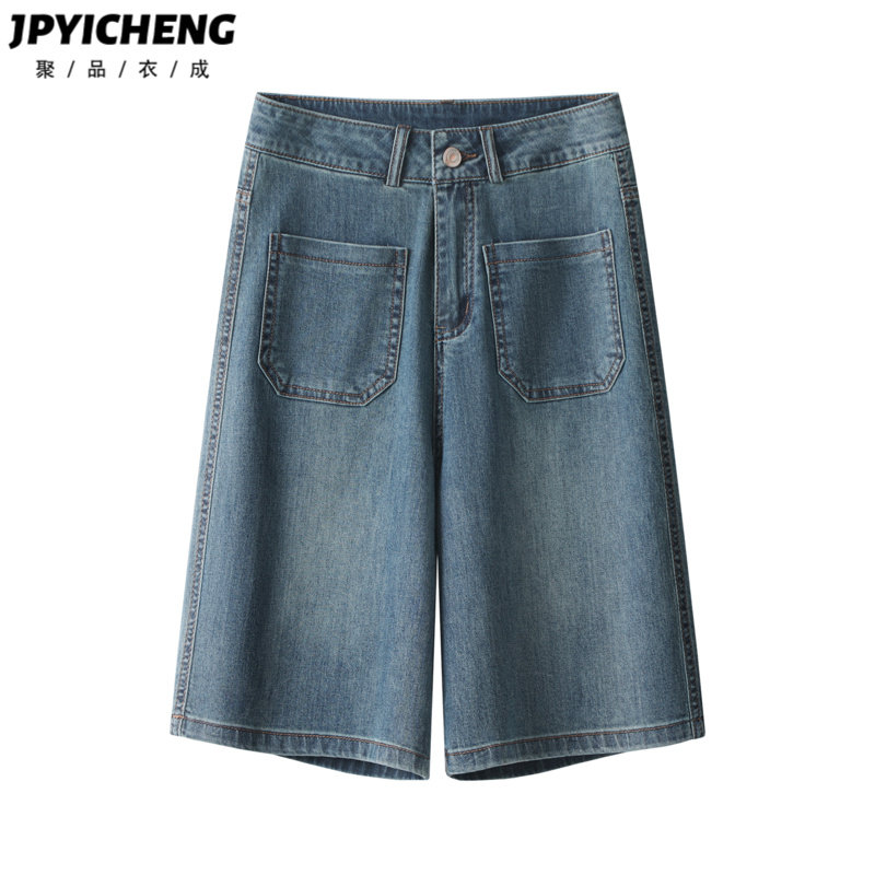 蓝色牛仔阔腿短裤女2025新款冬季爆款高腰宽松直筒五分裤外穿热裤