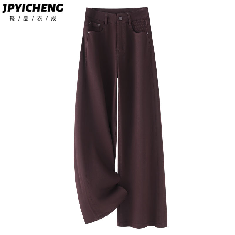 红色复古牛仔阔腿裤女2025新款冬季高腰显瘦宽松垂坠感直筒裤子