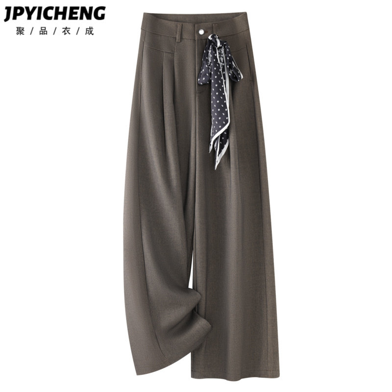 咖绿色羊毛西装阔腿裤女2025新款冬季高腰宽松垂坠感休闲直筒长裤