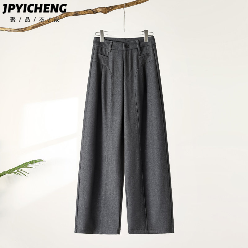 灰色绵羊毛阔腿裤女2025新款冬季高腰宽松显瘦休闲西装裤直筒裤子