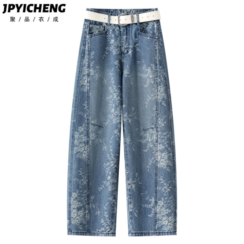 美式复古印花弯刀牛仔裤女2026新款春季高腰显瘦宽松阔腿镰刀长裤
