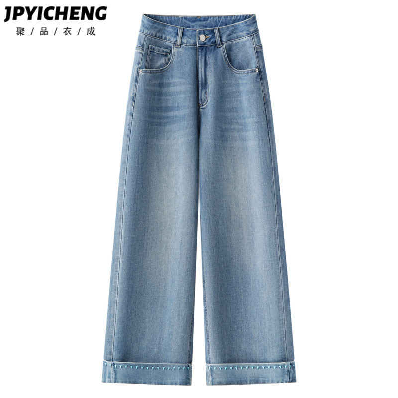 复古蓝小个子高腰直筒牛仔裤女2026新款春季窄版阔腿裤翻边九分裤