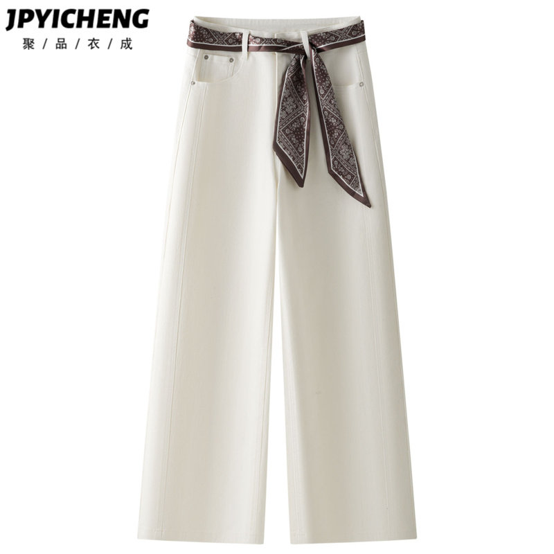 白色牛仔阔腿裤女2025新款冬季高腰显瘦宽松复古小个子直筒裤子