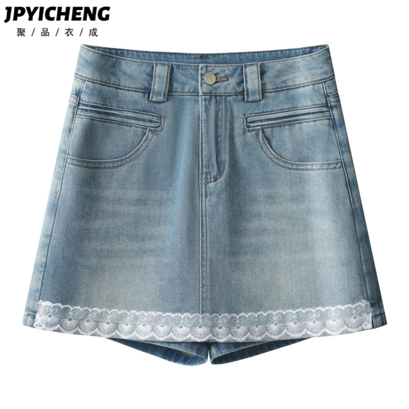 蕾丝边牛仔裙裤女2025新款冬季高腰显瘦防走光a字半身裙包臀短裙