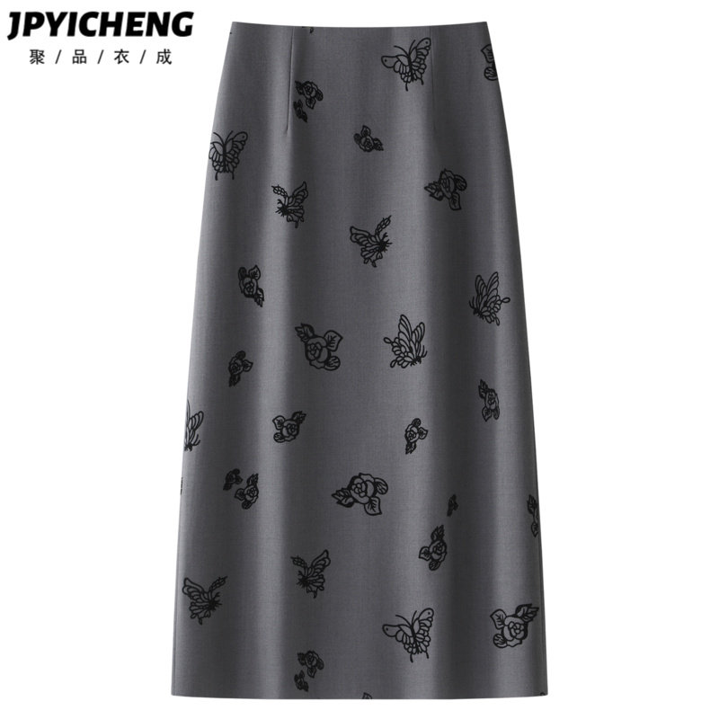 灰色西装半身裙女2025新款冬季高腰显瘦气质中长款a字印花包臀裙