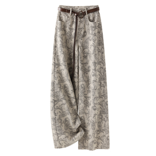 气质印花阔腿牛仔裤女2026新款春秋高腰直筒裤高级复古加长阔腿裤