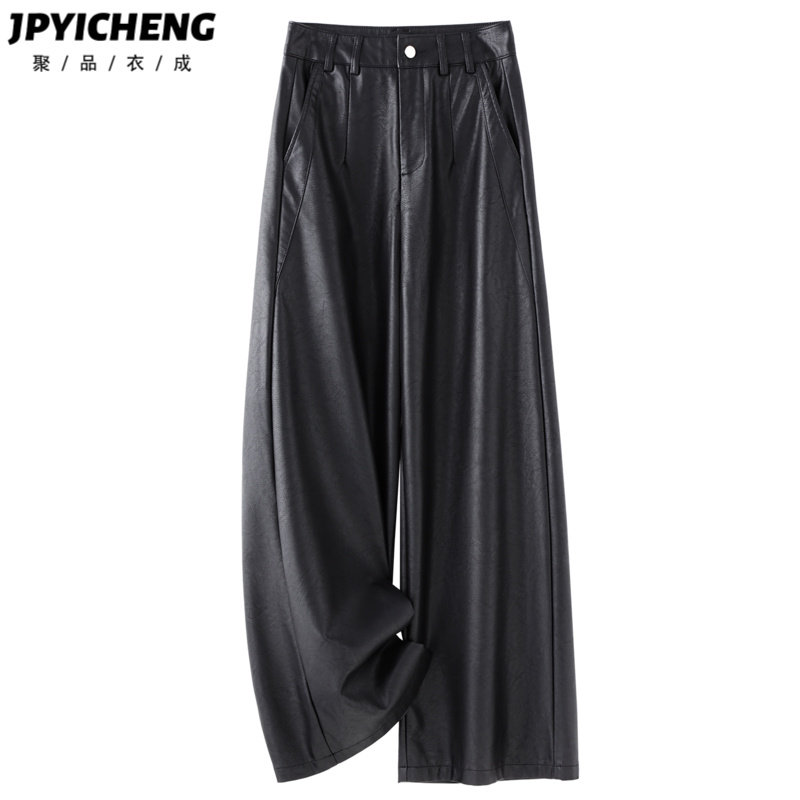 黑色PU软皮阔腿裤子女2025新款冬季高腰休闲直筒裤宽松垂感休闲裤