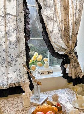 法式复古半遮光棉麻印花窗帘赫本风黑色荷叶边半帘宿舍隔断遮挡帘