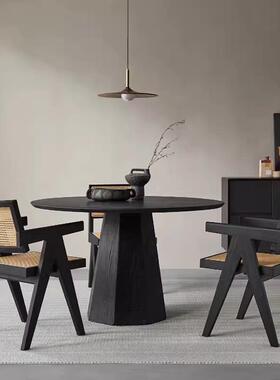 中古风实木餐桌椅组合家用小户型圆形饭桌民宿酒店复古黑色圆桌子