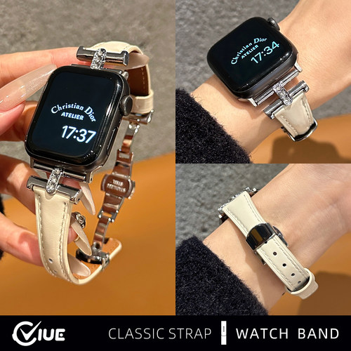 适用苹果applewatch s11手表金属拼皮质表带智能iwatchs10凯旋门s9女款s8新年s7/6代小众高级感替换腕带