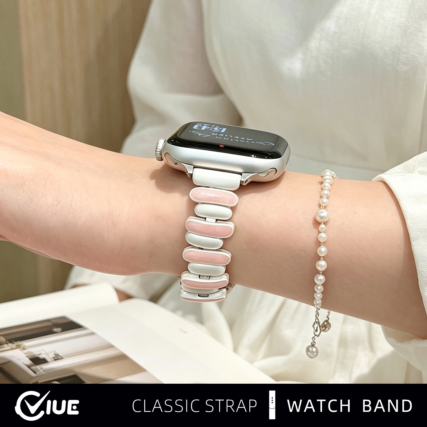 适用苹果手表S11表带iwatchS10不规则椭圆金属applewatch s9/s8珍珠白表带45/41mm女生创意46/42mm表链秋冬新