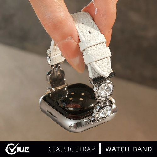适用苹果手表表带iwatch s11/s12镶钻S9女生新款s10施华洛applewatch高级感S8秋冬S7荔枝纹皮质S6/SE智能腕带