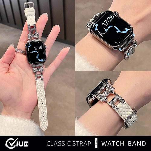 适用苹果手表表带iwatchs11镶钻s10施华洛applewatch9代S11秋冬S8女生新款S7皮质S6代SE智能替换腕带高级感