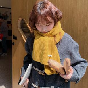 显白姜黄色围巾韩系女冬季纯色复古百搭情侣时尚护颈针织粉色围脖