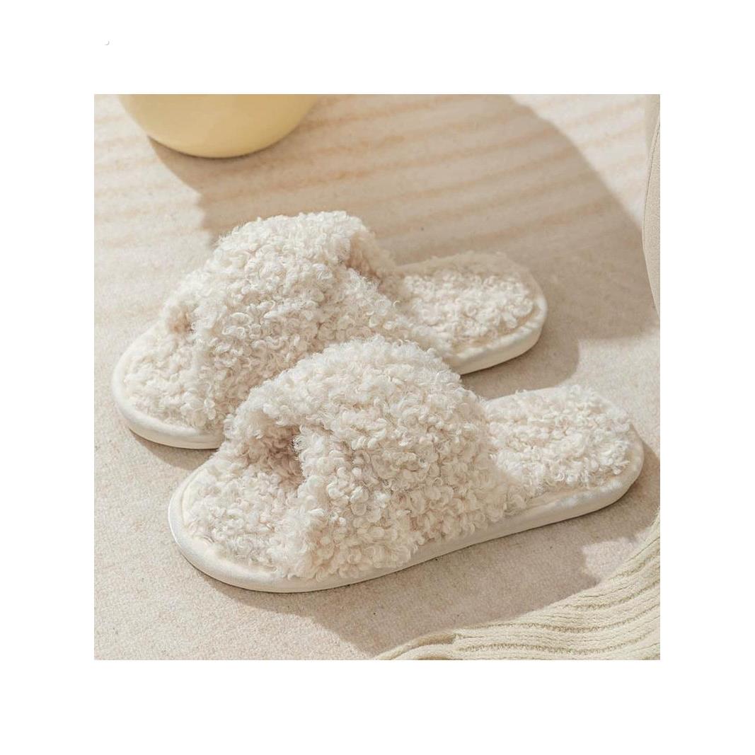 交叉毛毛拖鞋厚底秋冬小众设计感室内寝室宿舍少女心开口棉拖毛绒