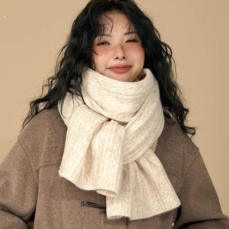 软糯米白色纯色围巾女冬季复古麻花保暖加厚针织毛线学院风围脖男