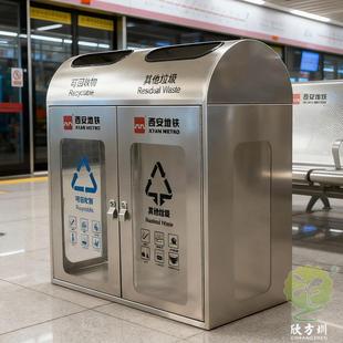 西安室内地铁站轨道交通透明防爆不锈钢分类垃圾桶金属立式果皮箱