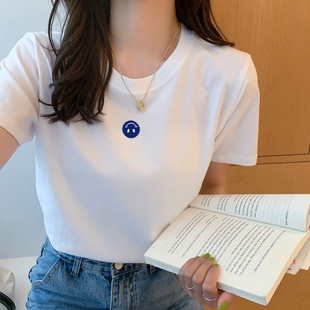 打底 韩版 夏季 白色短袖 t恤女纯棉宽松圆领印花ins上衣体恤百搭半袖