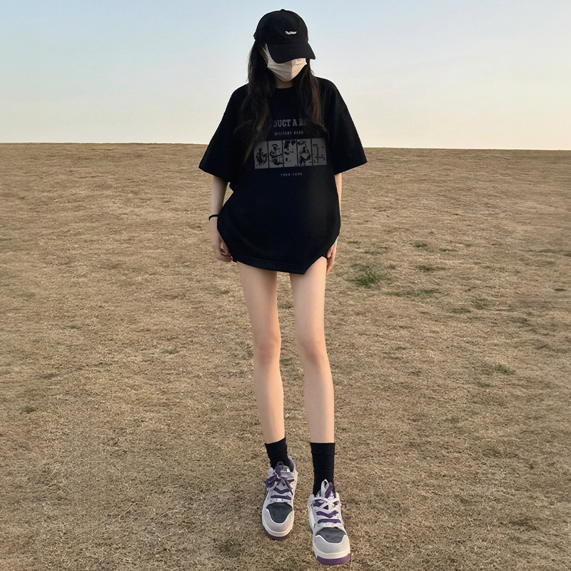 黑色正肩女t恤2025夏季新款上衣美式hiphop纯棉宽松短袖女高级感