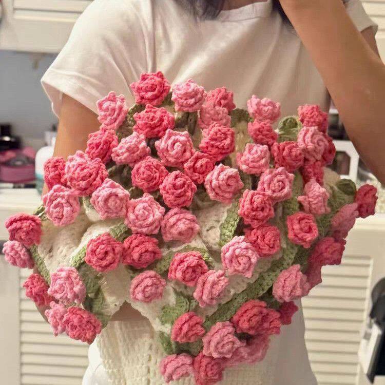 渐变尖角玫瑰花束毯子钩织铃兰纯手工编织diy毛线材料材包送女友